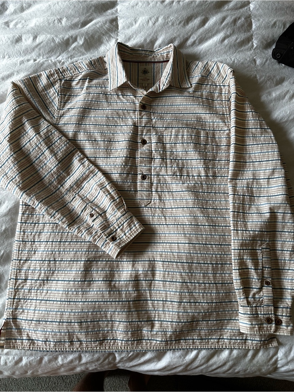 The Territory Ahead Men's Beige and Blue Striped Button-Down Shirt